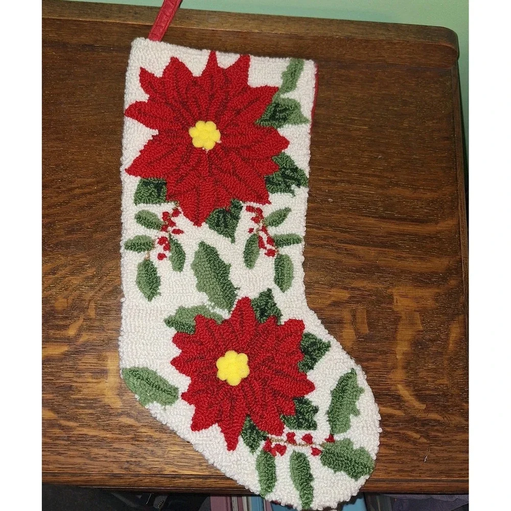 Hook Knit Felt Holly Pom Poinsettia Christmas Stockings Set 2 Botanical Noel